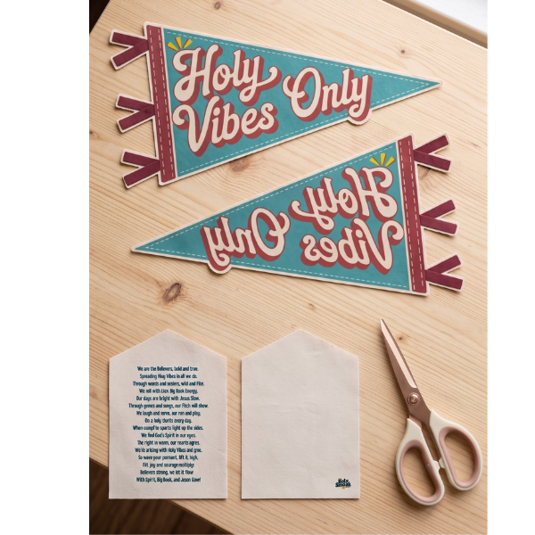 Holy Smoak Studios Holy Vibes Only finished pennant on wood table with craft supplies, Camp Believers wholesale Christian retail product