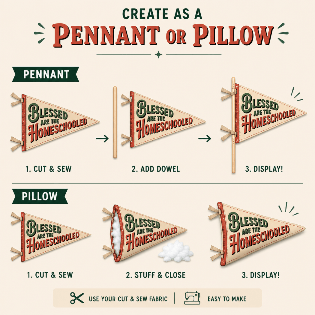 Holy Smoak Studios Blessed Are the Homeschooled cut and sew fabric panel instructions — create as pennant or pillow, Camp Believers wholesale