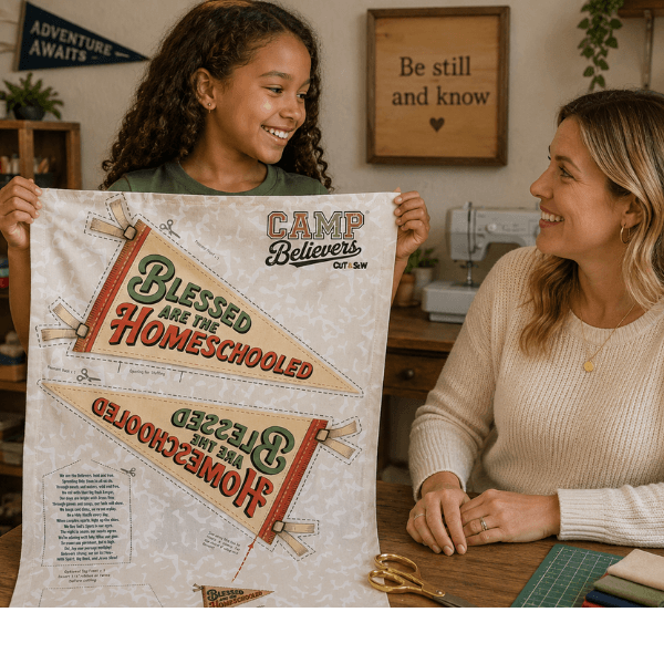 Mother and daughter holding Blessed Are the Homeschooled cut and sew fabric panel, Holy Smoak Studios wholesale product