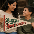 Mother and son holding Blessed Are the Homeschooled cut and sew fabric panel, Holy Smoak Studios wholesale product