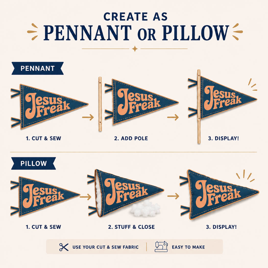 Holy Smoak Studios Jesus Freak cut and sew fabric panel instructions — create as pennant or pillow, Camp Believers wholesale