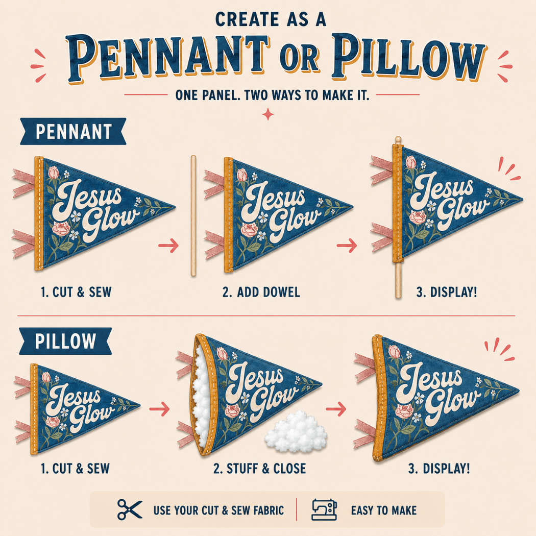 Holy Smoak Studios Jesus Glow cut and sew fabric panel instructions — create as pennant or pillow, Camp Believers wholesale