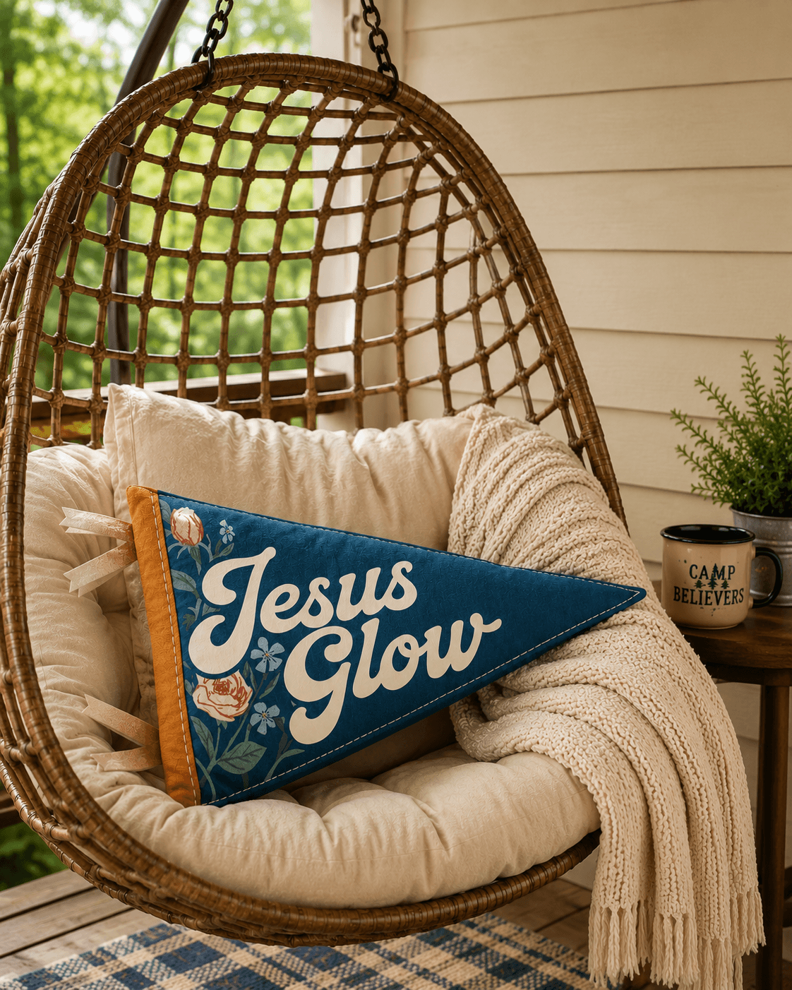 Jesus Glow finished pennant pillow displayed on outdoor hanging chair, Holy Smoak Studios Camp Believers wholesale product
