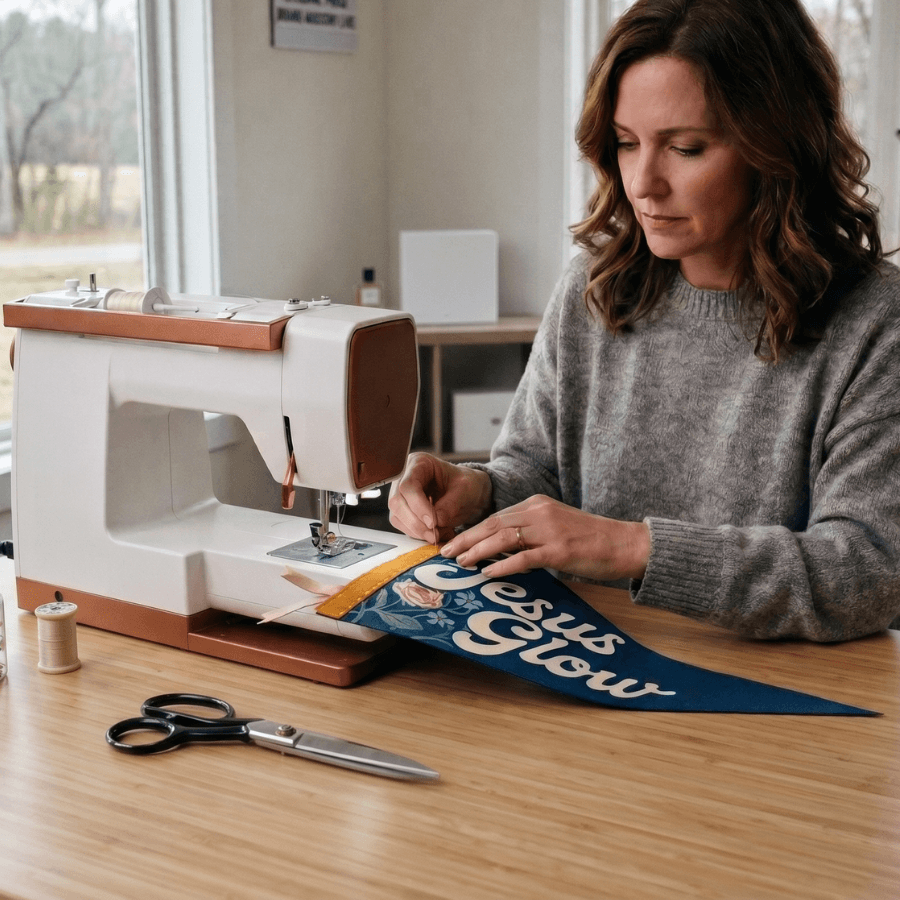 Woman sewing Jesus Glow cut and sew pennant panel, Holy Smoak Studios Camp Believers wholesale Christian product