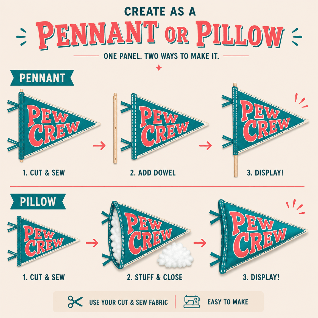 Holy Smoak Studios Pew Crew cut and sew fabric panel instructions — create as pennant or pillow, Camp Believers wholesale