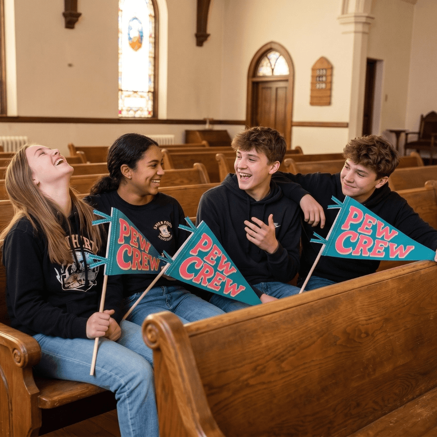 Group of teens holding Pew Crew pennants in church pew, Holy Smoak Studios Camp Believers wholesale faith-based product