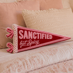 Holy Smoak Studios Sanctified but Spicy finished pennant on pillow, Camp Believers wholesale faith-based retail product