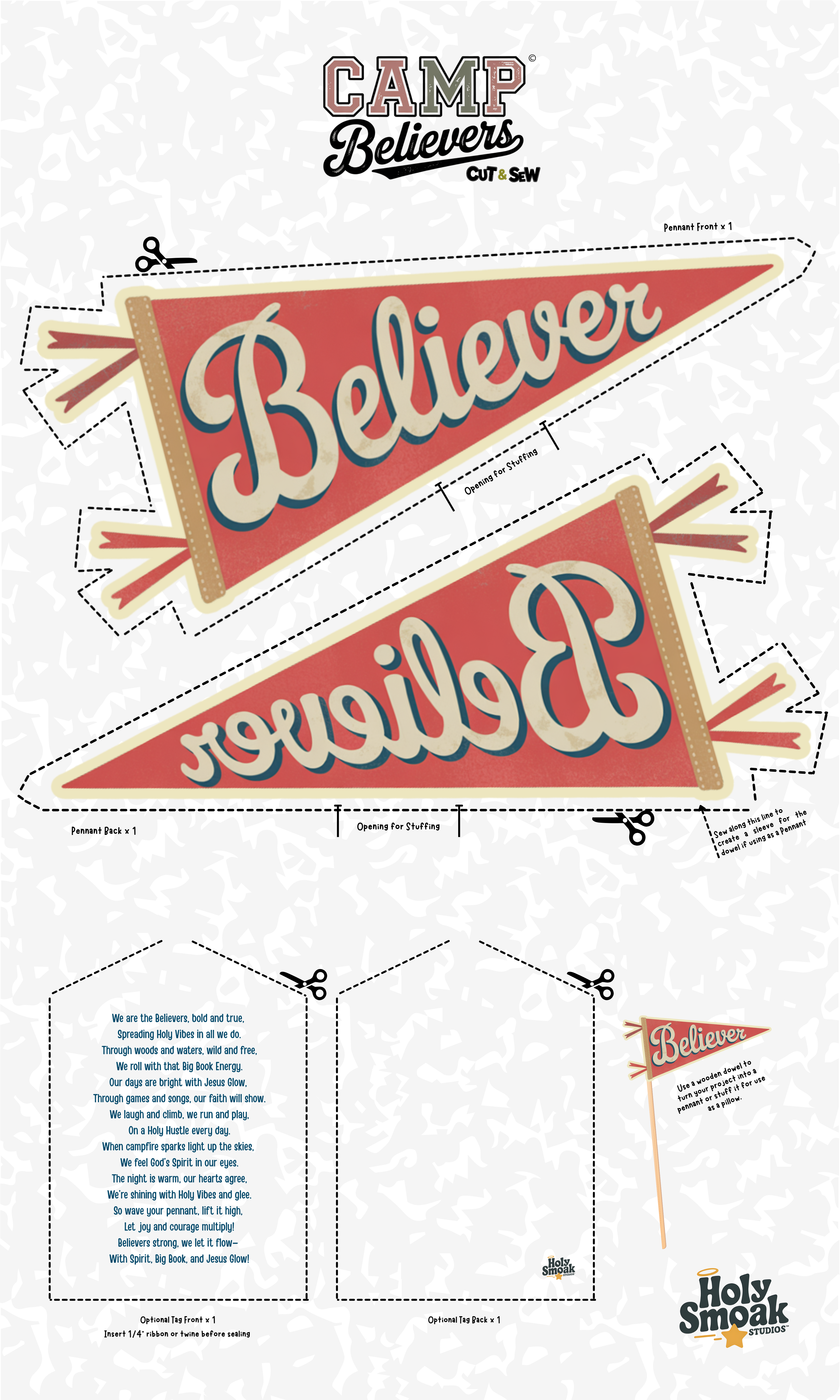 Holy Smoak Studios Camp Believers VBS cut and sew fabric panel, wholesale Christian giftware, 18x30 inches