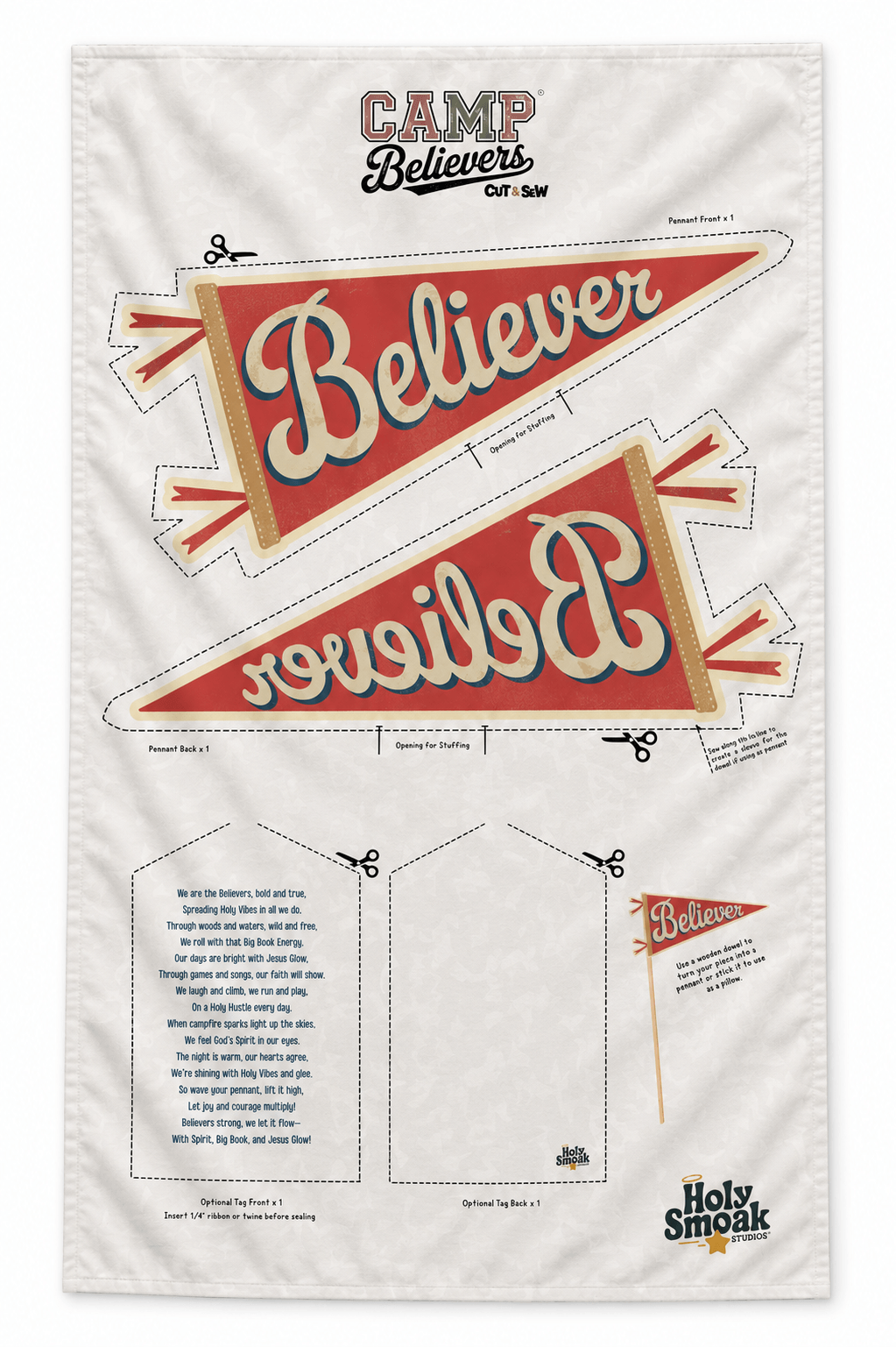 Holy Smoak Studios Camp Believers VBS cut and sew fabric panel, wholesale Christian giftware, 18x30 inches, tea towel material