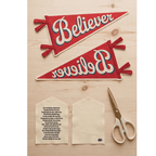 Camp Believers cut and sew pennant panel displayed on wooden table, Holy Smoak Studios wholesale faith-based product