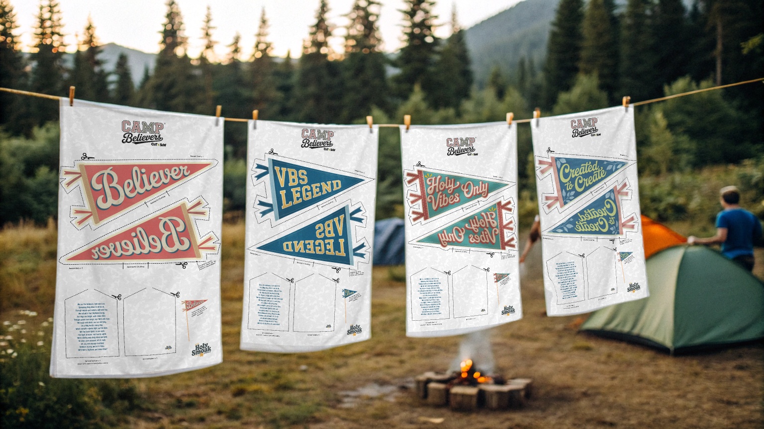 Holy Smoak Studios Camp Believers VBS fabric panel outdoor lifestyle shot, Christian wholesale retailer product