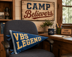 VBS Legend finished pennant displayed in Camp Believers branded setting, Holy Smoak Studios wholesale faith-based retail product