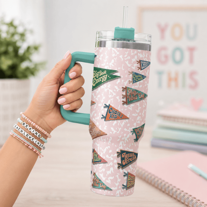 All Hail Camp Believers 40oz tumbler teal handle held in hand, Holy Smoak Studios wholesale faith gift