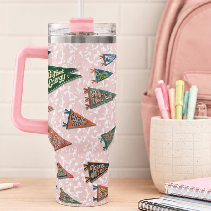 Holy Smoak Studios All Hail 40oz tumbler lifestyle display pink handle, Camp Believers wholesale Christian gift