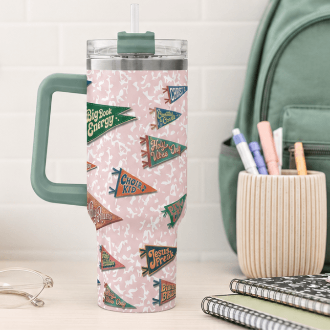 Holy Smoak Studios All Hail 40oz tumbler lifestyle display sage handle, Camp Believers wholesale Christian gift