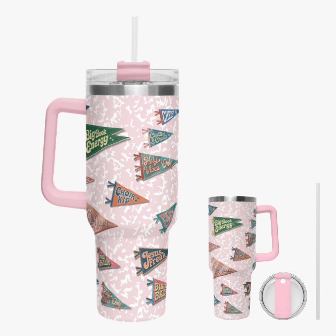 Holy Smoak Studios All Hail Camp Believers 40oz tumbler pink handle, wholesale Christian faith lifestyle drinkware