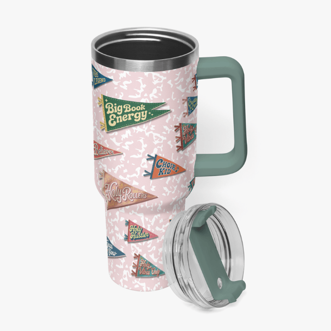 Holy Smoak Studios All Hail Camp Believers 40oz tumbler sage handle, wholesale Christian faith lifestyle drinkware
