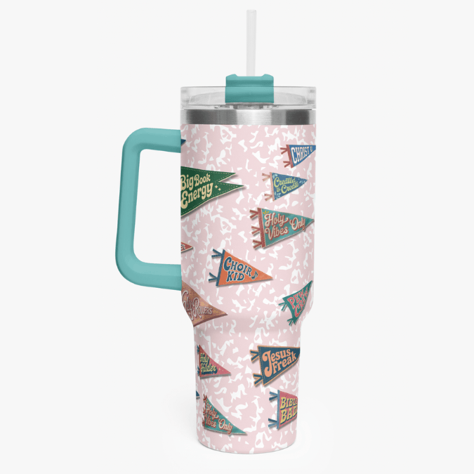 Holy Smoak Studios All Hail Camp Believers 40oz tumbler teal handle, wholesale Christian faith lifestyle drinkware
