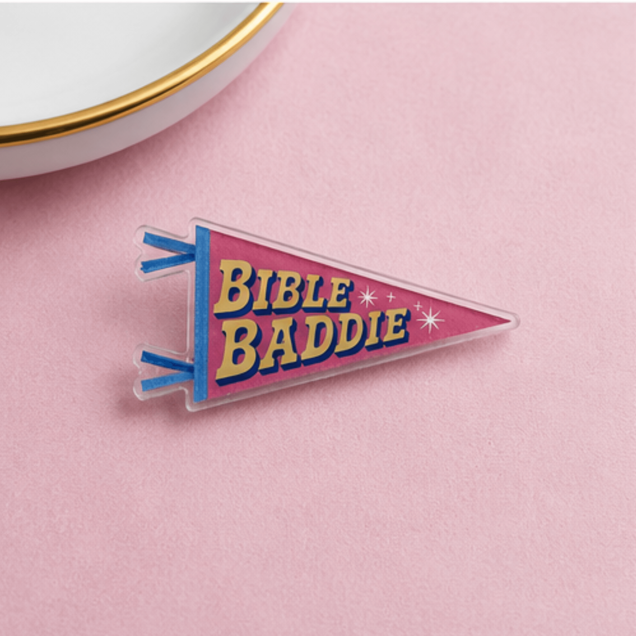 Bible Baddie acrylic pennant pin isolated on colored background, Camp Believers Holy Smoak Studios wholesale collectible