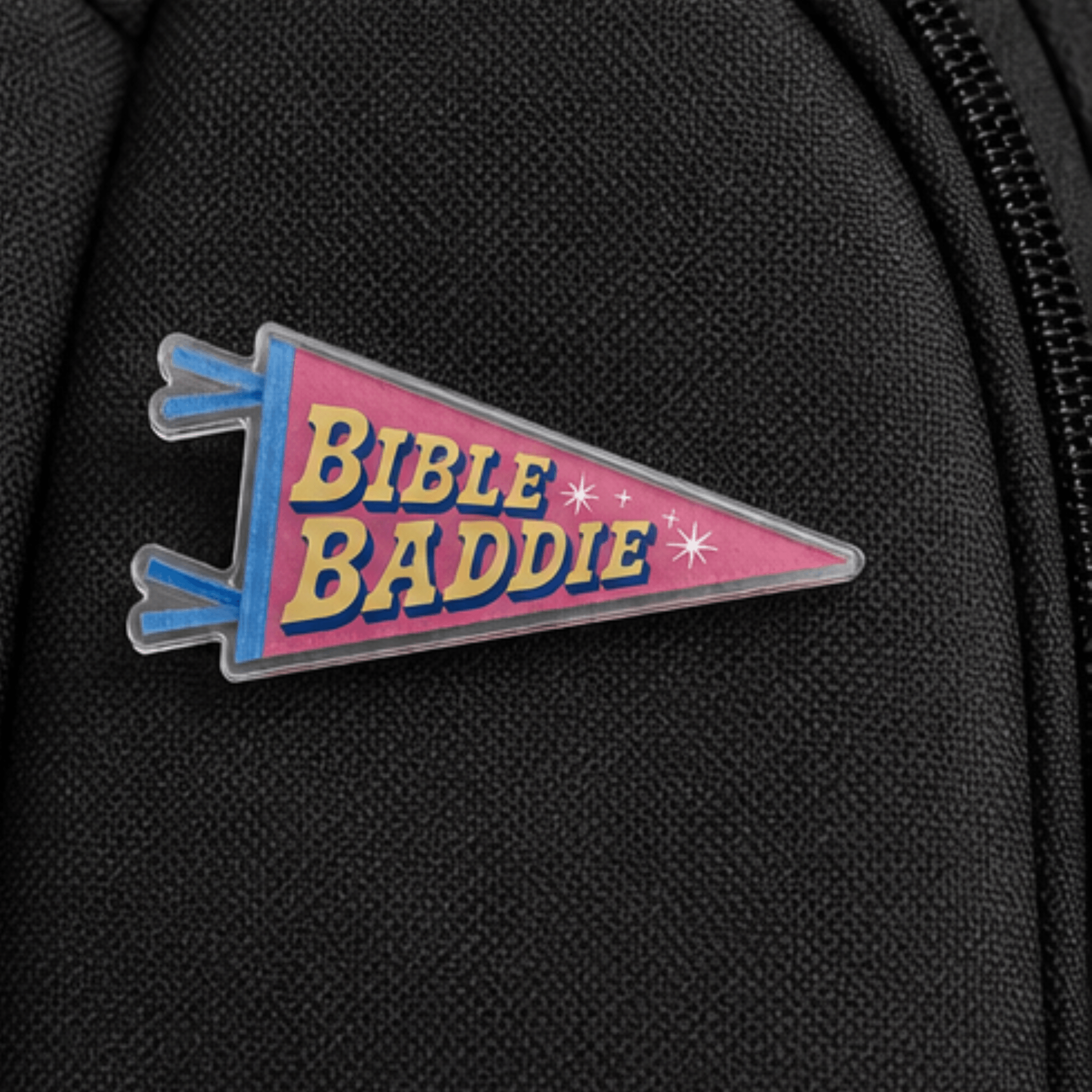 Bible Baddie Camp Believers acrylic pin on surface lifestyle shot, Holy Smoak Studios wholesale faith-based gift