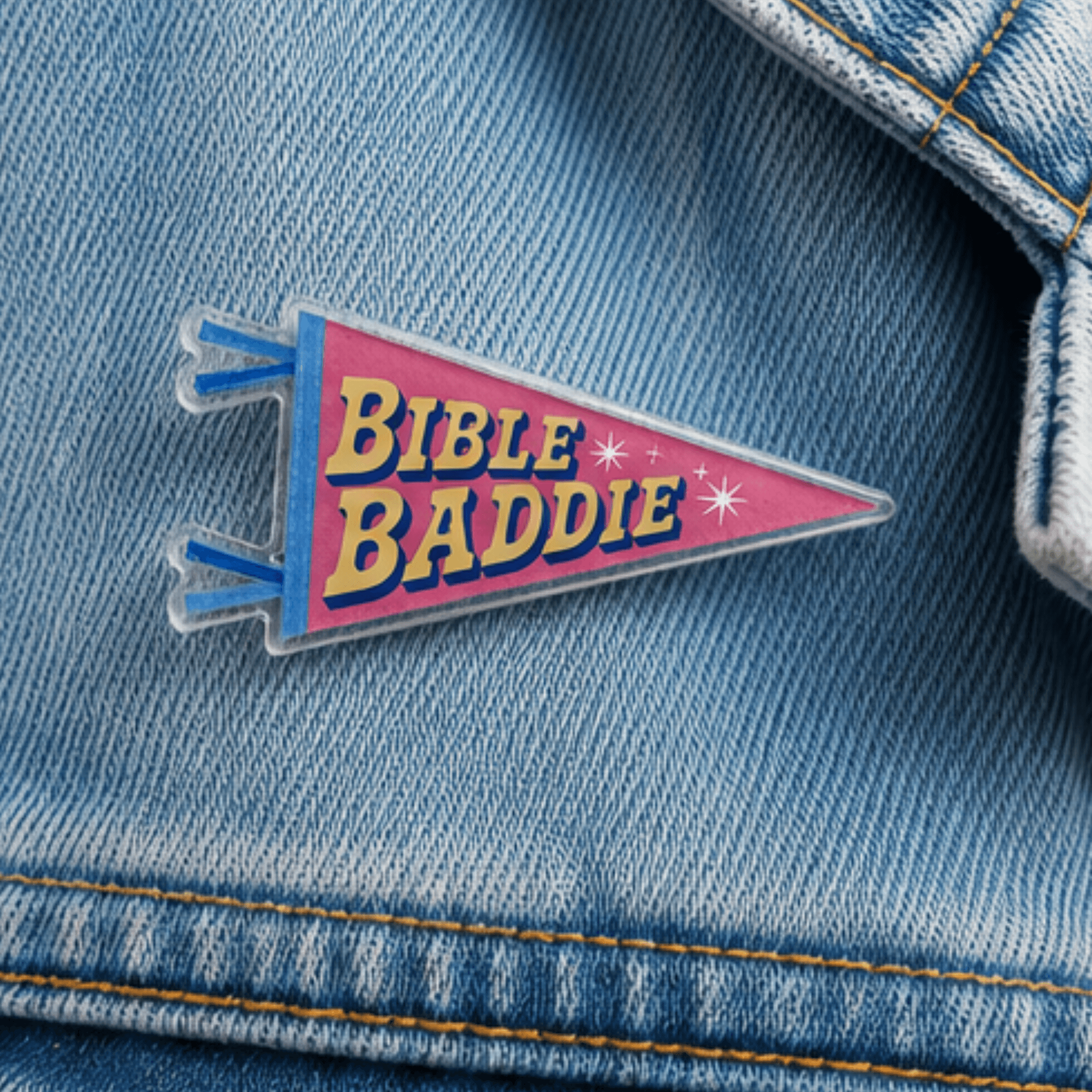Bible Baddie Camp Believers pennant pin on denim jacket, Holy Smoak Studios wholesale faith accessories for Christian retailers