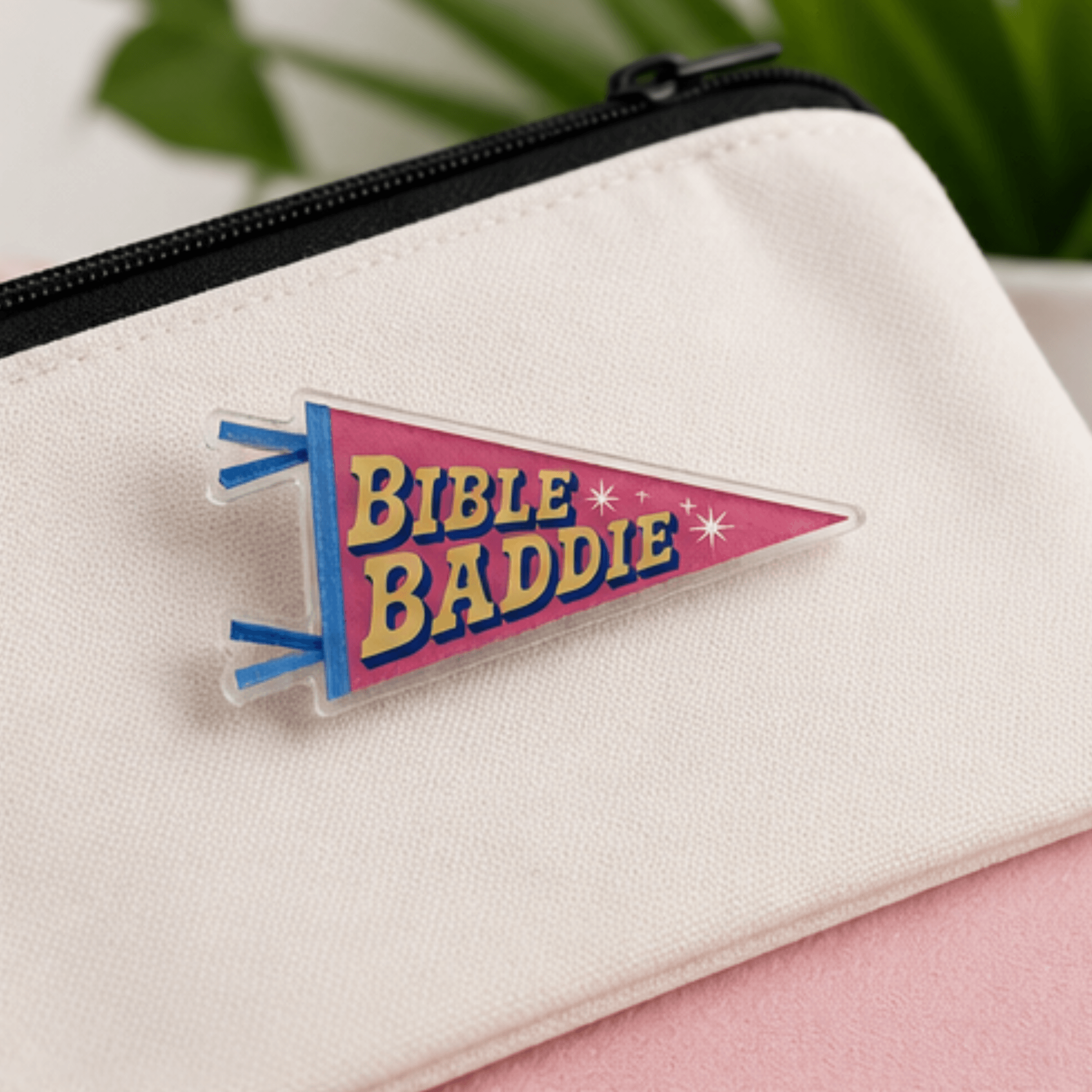Bible Baddie pennant pin on zipper bag, Camp Believers Holy Smoak Studios wholesale Christian gift and accessory