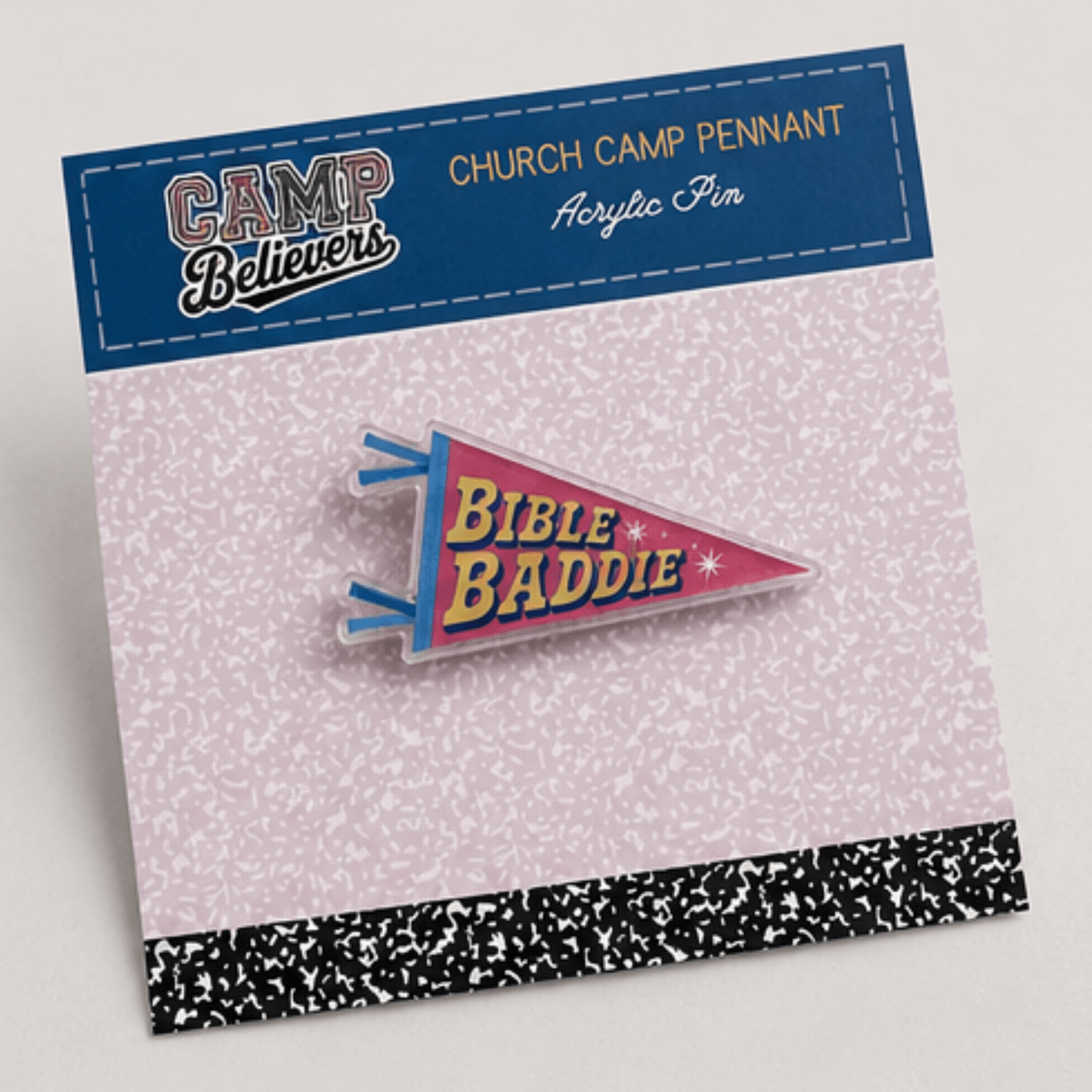 Holy Smoak Studios Bible Baddie Camp Believers acrylic pennant pin on retail card, wholesale Christian faith accessory