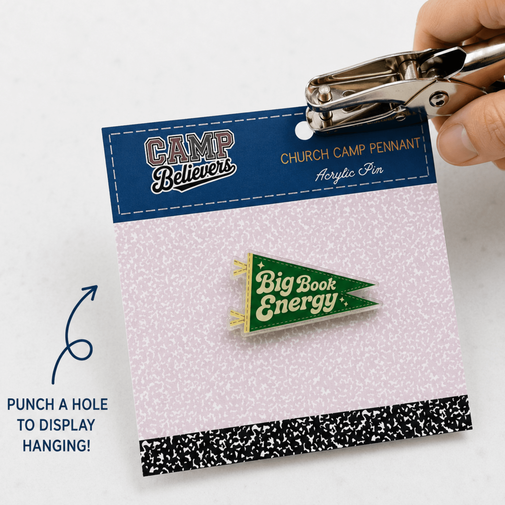 Big Book Energy Camp Believers acrylic pennant pin punch hole peg display, Holy Smoak Studios retail merchandising