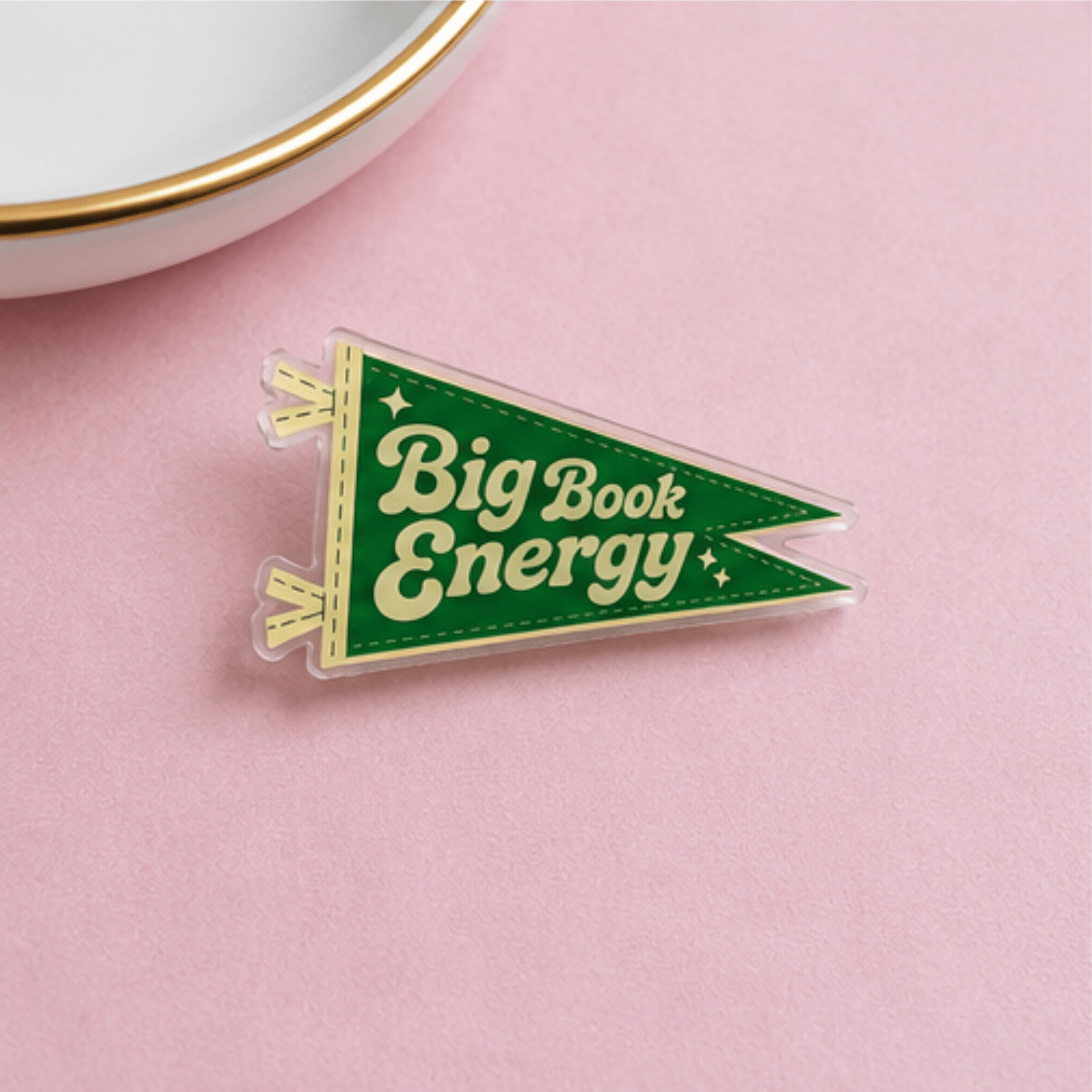 Big Book Energy acrylic pennant pin isolated on colored background, Camp Believers Holy Smoak Studios wholesale collectible