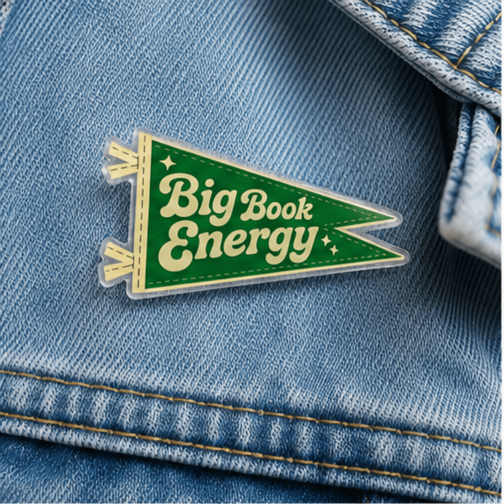 Big Book Energy Camp Believers pennant pin on denim jacket, Holy Smoak Studios wholesale faith accessories for Christian retailers