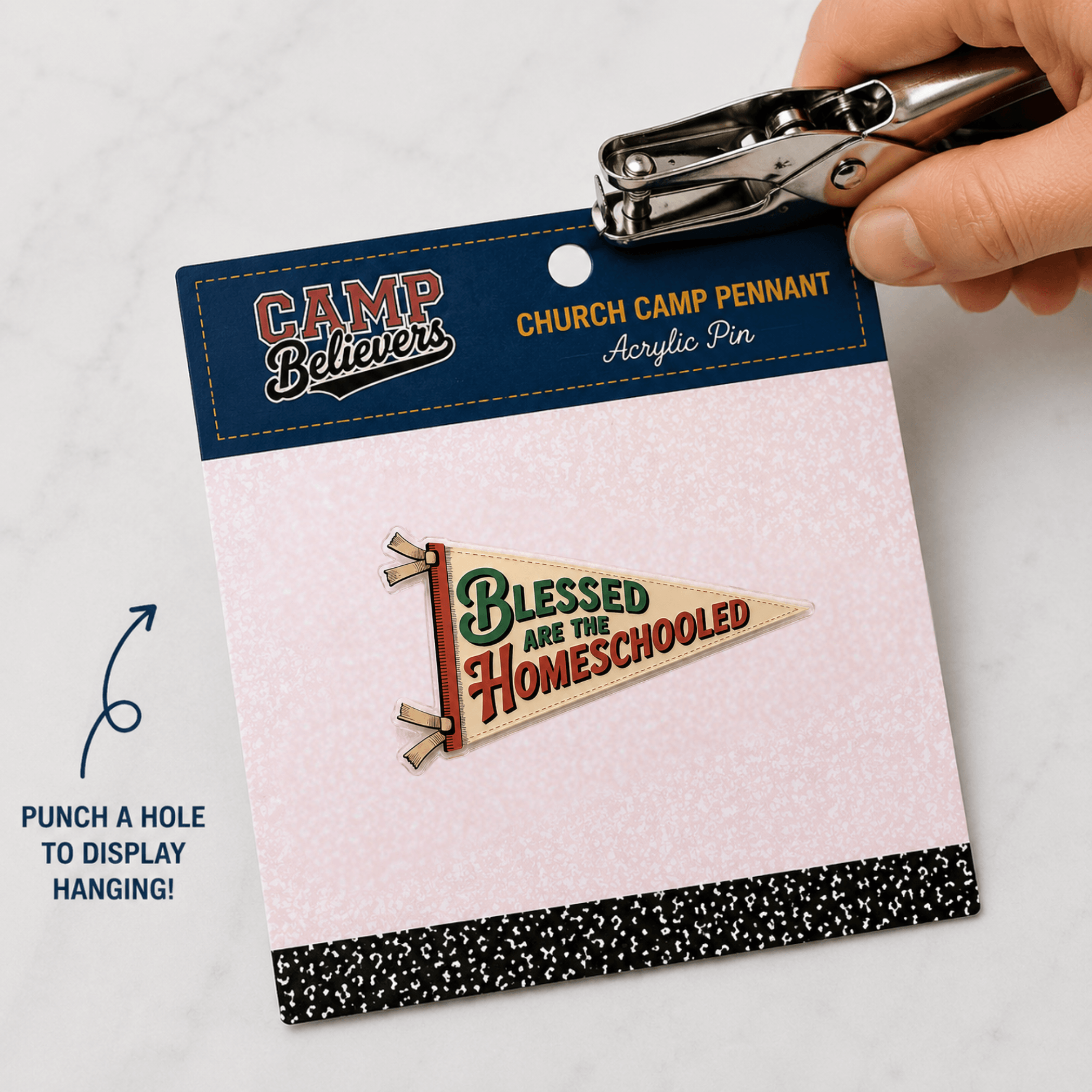 Blessed Are the Homeschooled Camp Believers acrylic pennant pin punch hole peg display, Holy Smoak Studios retail merchandising