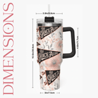 Camp Believers 40oz tumbler dimensions infographic — stainless steel, 40oz capacity, tapered base, reusable straw included 10.5 inches tall