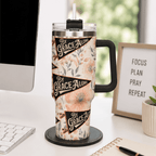 Holy Smoak Studios By Grace Alone 40oz tumbler lifestyle display black handle, Camp Believers wholesale Christian gift