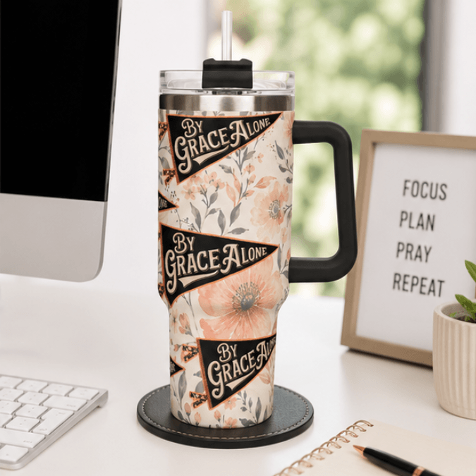 Holy Smoak Studios By Grace Alone 40oz tumbler lifestyle display black handle, Camp Believers wholesale Christian gift