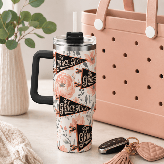 Holy Smoak Studios By Grace Alone 40oz tumbler lifestyle display black handle, Camp Believers wholesale Christian gift