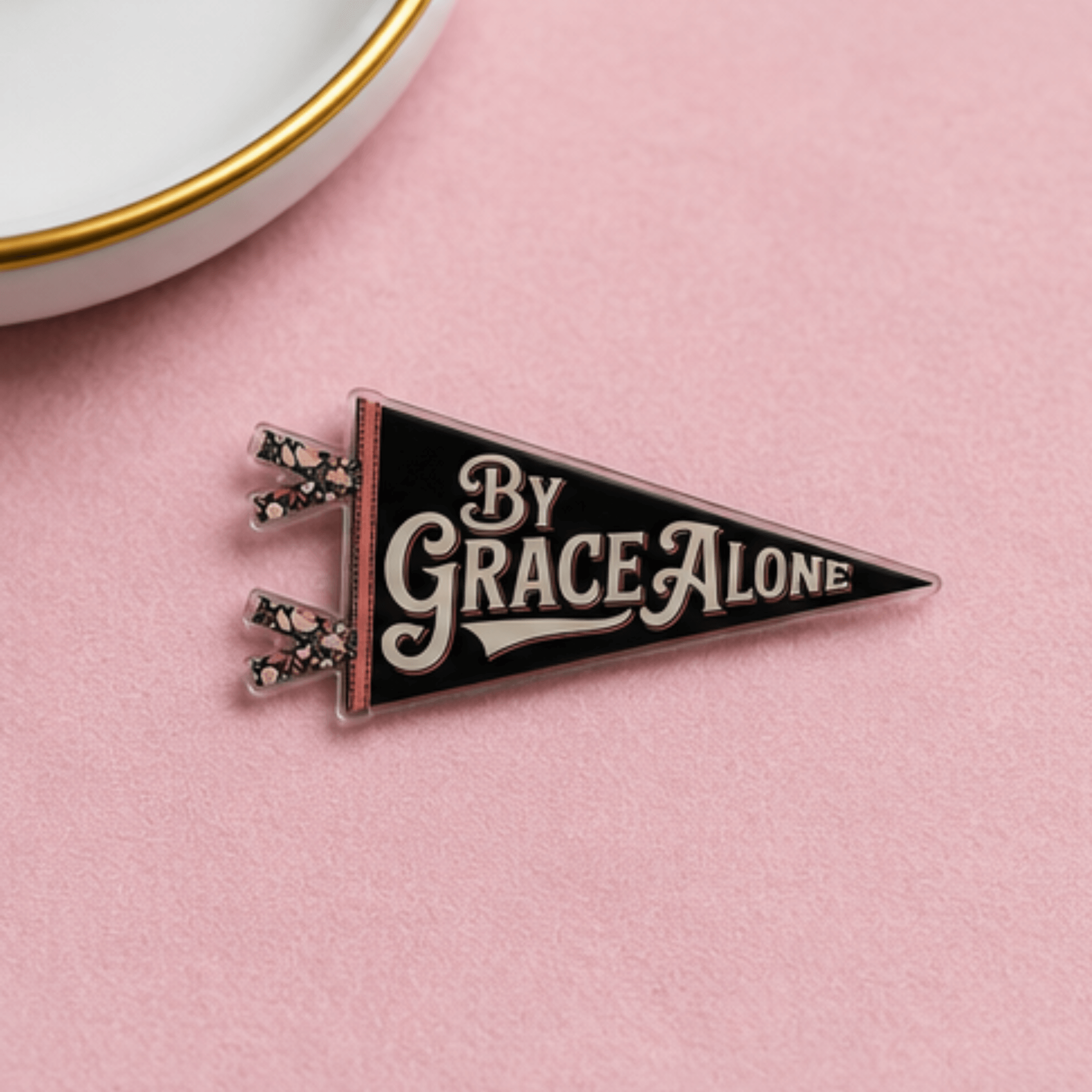 By Grace Alone acrylic pennant pin isolated on colored background, Camp Believers Holy Smoak Studios wholesale collectible