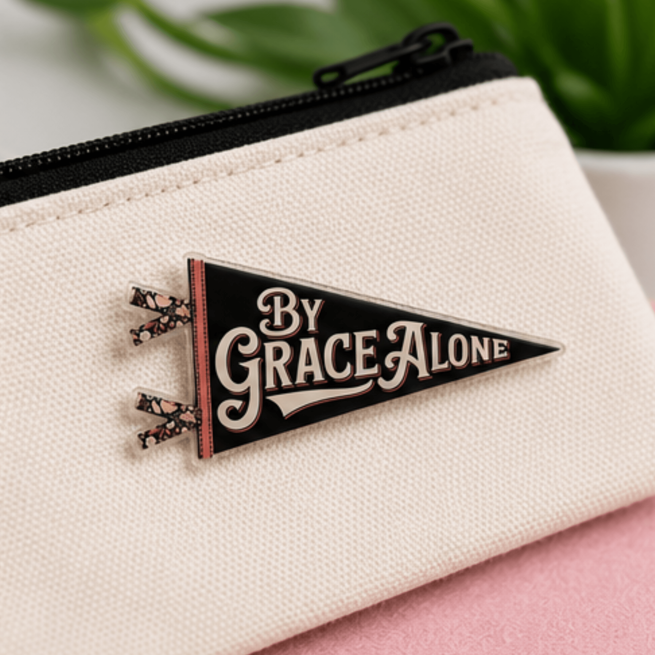 By Grace Alone pennant pin on zipper bag, Camp Believers Holy Smoak Studios wholesale Christian gift and accessory