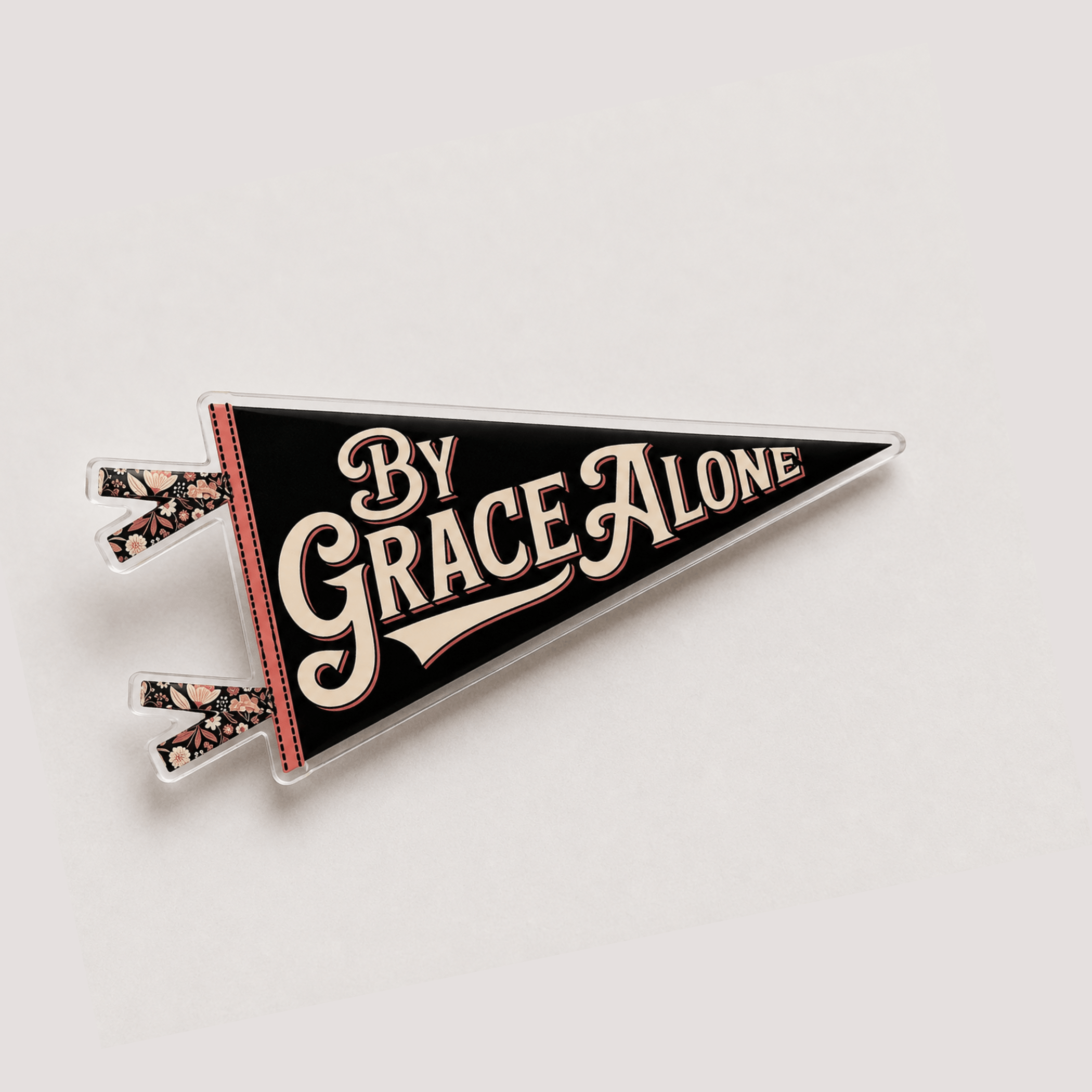 By Grace Alone acrylic pennant pin isolated on colored background, Camp Believers Holy Smoak Studios wholesale collectible