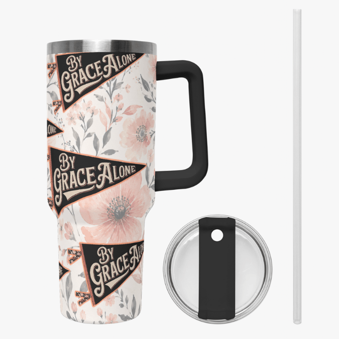 Camp Believers By Grace Alone tumbler collection display black handle, Holy Smoak Studios wholesale Christian retailer