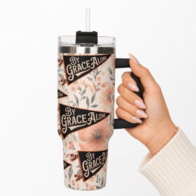 By Grace Alone Camp Believers 40oz tumbler black handle held in hand, Holy Smoak Studios wholesale faith gift