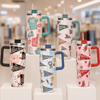 Camp Believers 40oz tumbler full collection display in retail setting, Holy Smoak Studios wholesale Christian giftware