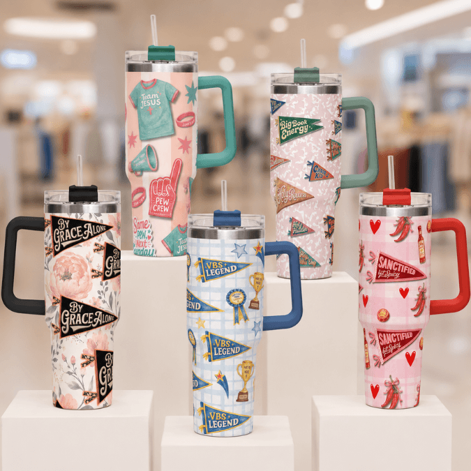 Camp Believers 40oz tumbler full collection display in retail setting, Holy Smoak Studios wholesale Christian giftware