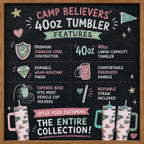 Camp Believers 40oz tumbler features infographic — stainless steel, 40oz capacity, tapered base, reusable straw included