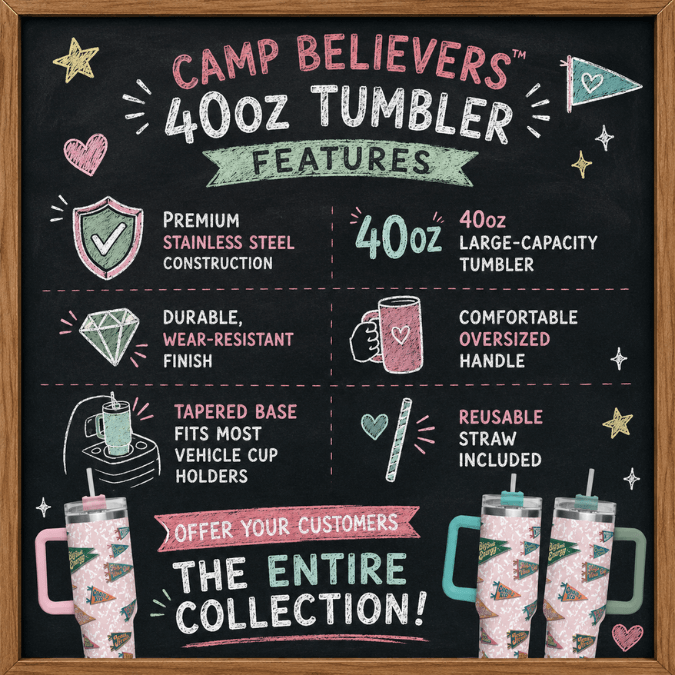 Camp Believers 40oz tumbler features infographic — stainless steel, 40oz capacity, tapered base, reusable straw included