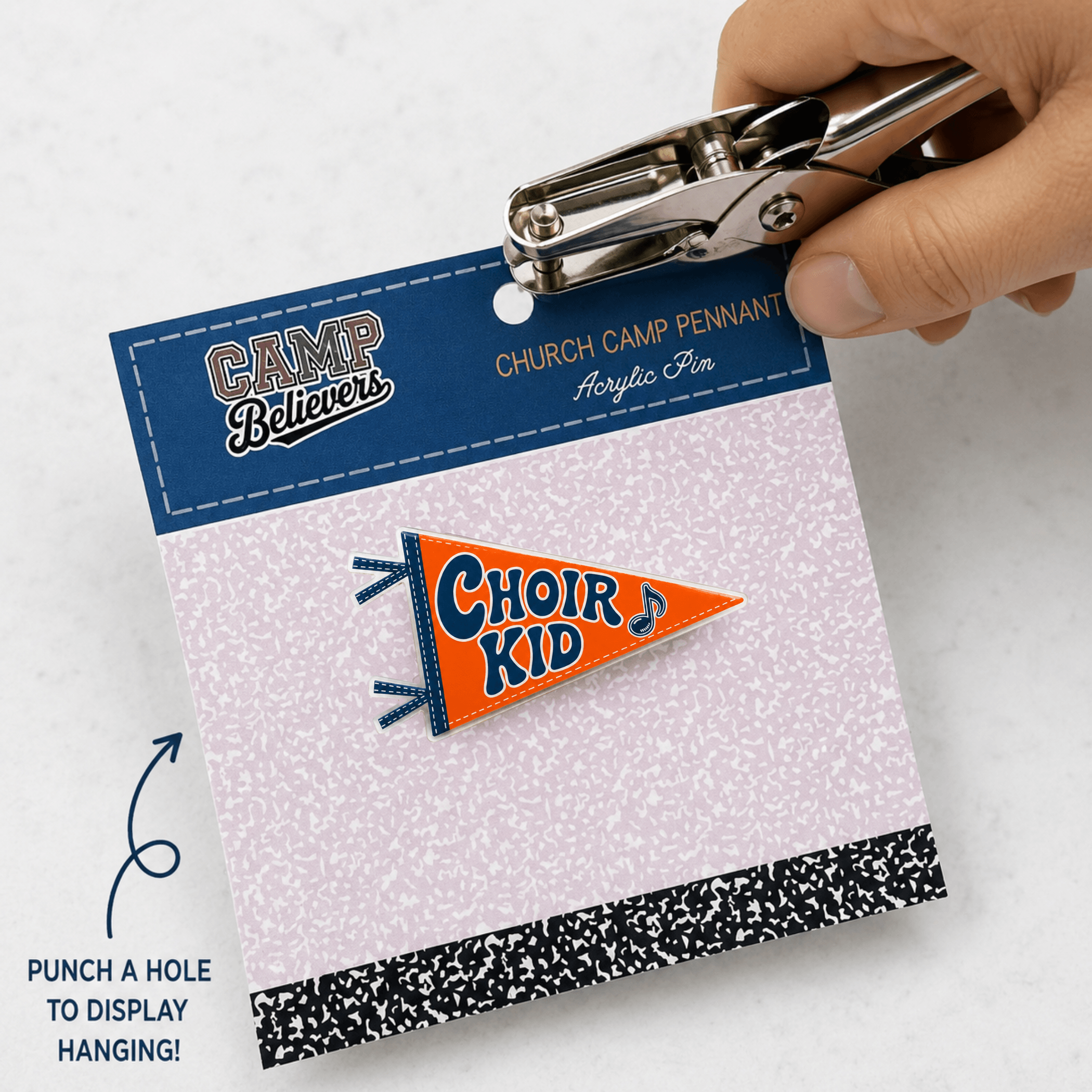 Choir Kid Camp Believers acrylic pennant pin punch hole peg display, Holy Smoak Studios retail merchandising