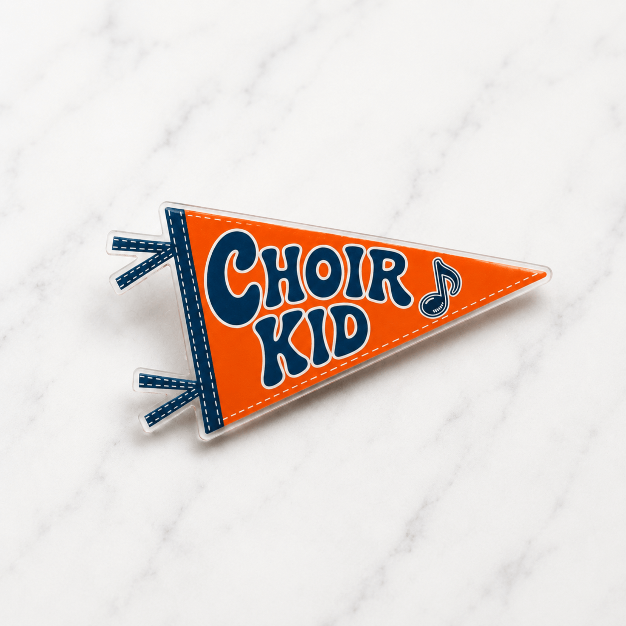Choir Kid acrylic pennant pin isolated on colored background, Camp Believers Holy Smoak Studios wholesale collectible
