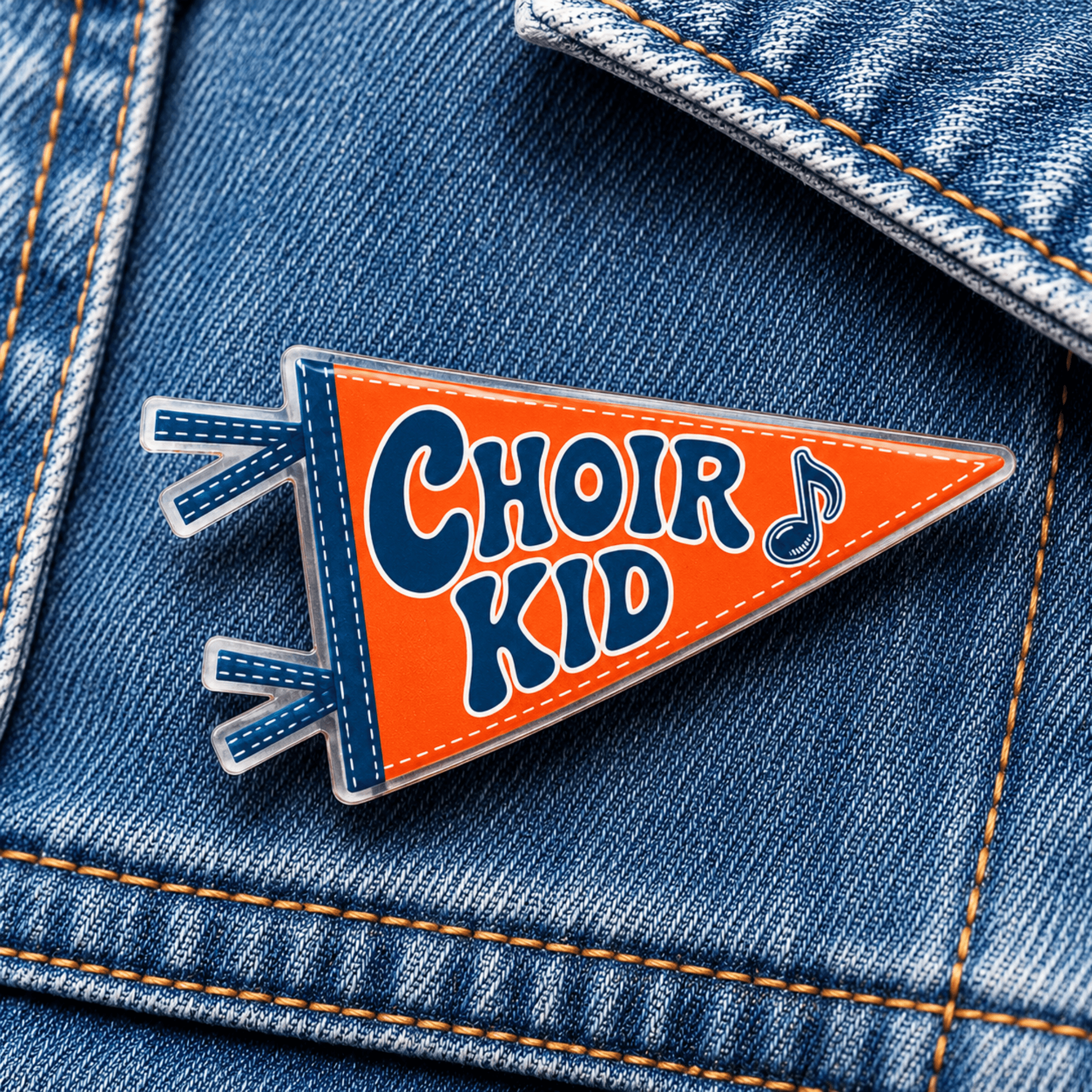 Choir Kid Camp Believers pennant pin on denim jacket, Holy Smoak Studios wholesale faith accessories for Christian retailers