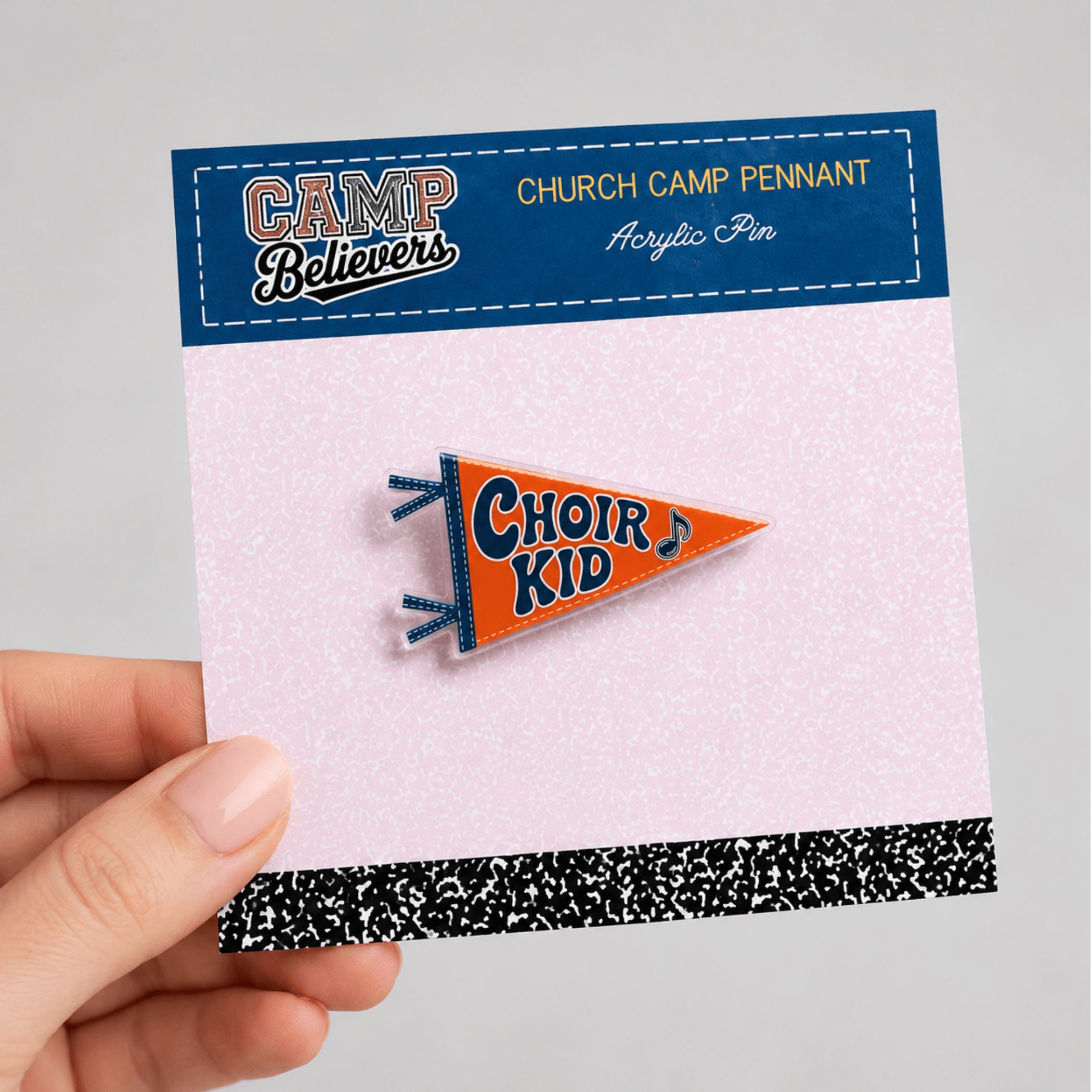 Holy Smoak Studios Choir Kid Camp Believers acrylic pennant pin on retail card, wholesale Christian faith accessory