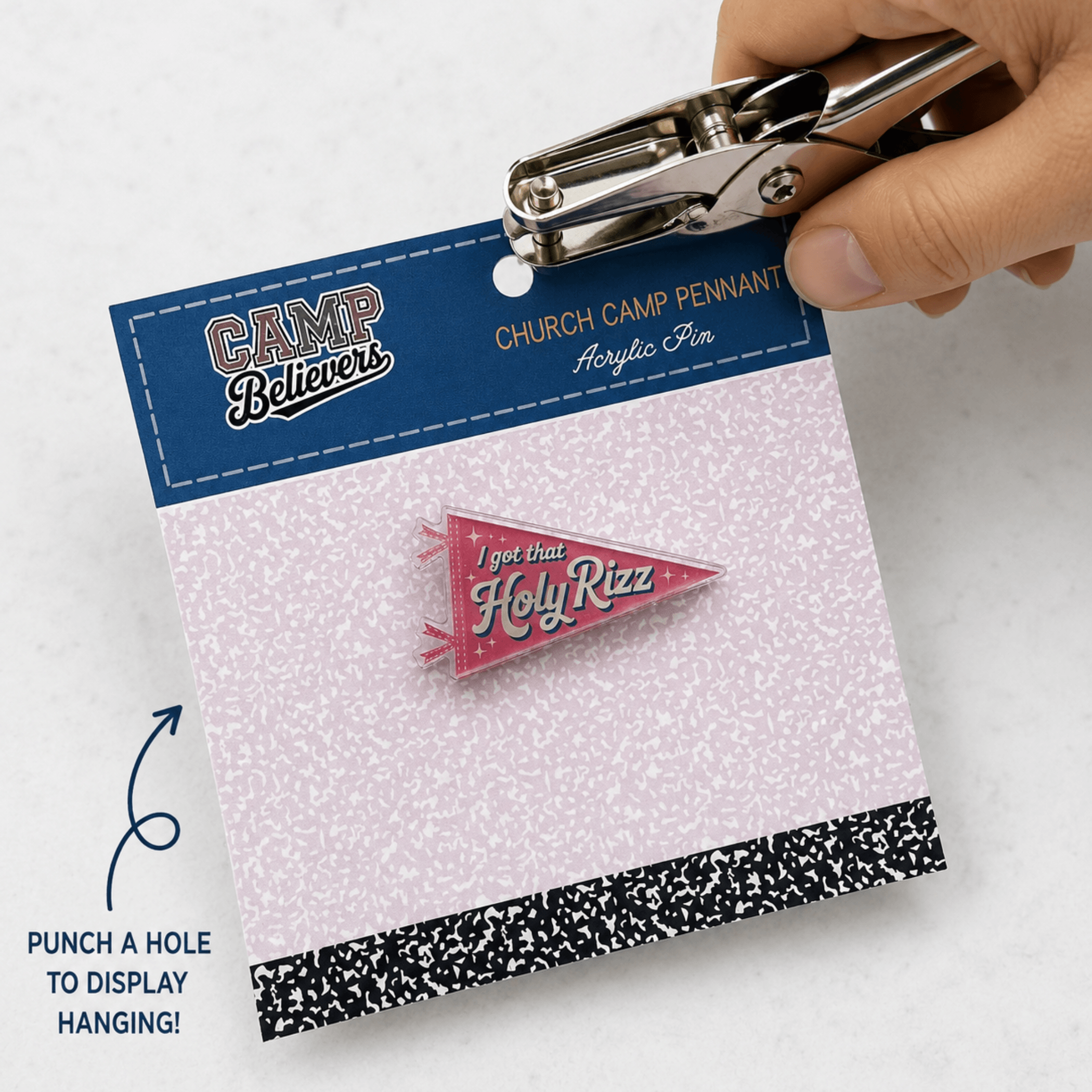 Holy Rizz Camp Believers acrylic pennant pin punch hole peg display, Holy Smoak Studios retail merchandising