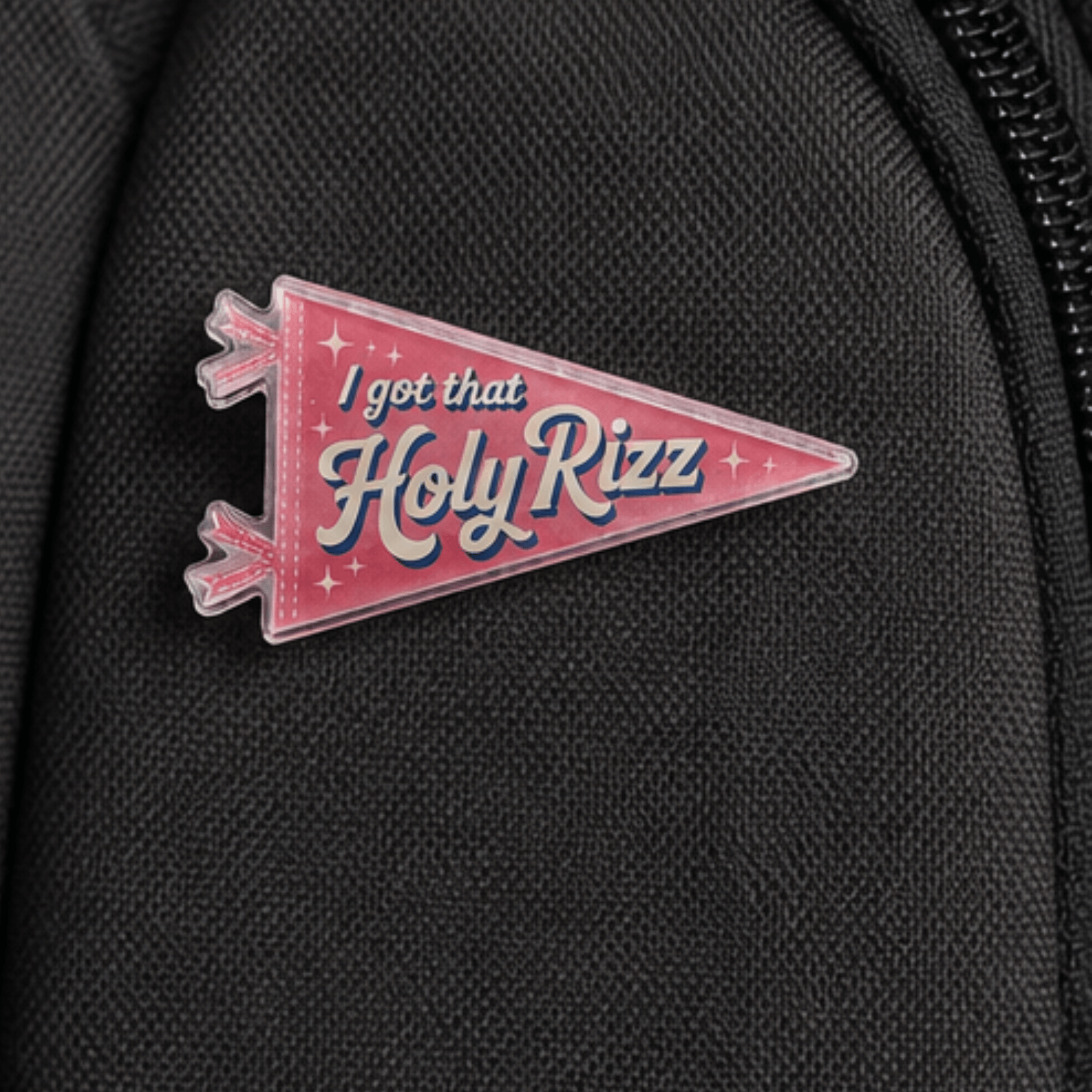 Holy Rizz pennant pin on backpack, Camp Believers Holy Smoak Studios wholesale Christian gift and accessory